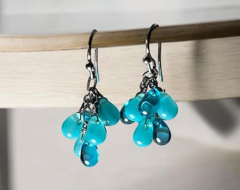 Ocean Blue Cluster Earrings, Dangle Teardrop Beads, Beachy Jewelry for Summer, Handmade Aqua Statement Earrings | Gift for her