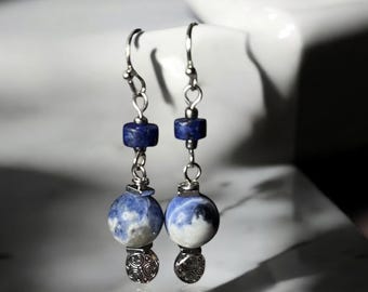 Blue Sodalite Style Dangle Earrings: Silver Swirl Accents, Handmade