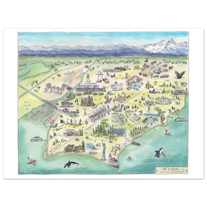 May include: A watercolor illustration of a map of Seattle, Washington. The map features landmarks and points of interest, including the Space Needle, Pike Place Market, and the Seattle Center. The map is surrounded by a blue border and includes the text "Not to Scale" in the bottom right corner.