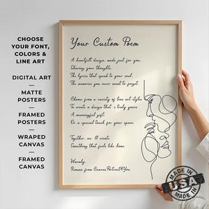 May include: A framed poster with a light beige background and a minimalist line art drawing of two faces. The text "Your Custom Poem" is at the top, with additional text below. The frame is a light brown color. The words "Made in USA" are printed on a sticker.
