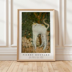 May include: A framed art print of Pierre Bonnard's 1894 painting, The White Cat. The image depicts a white cat with an arched back standing against a dark green and brown background. The text reads PIERRE BONNARD, The White Cat, 1894, Musée d'Orsay, Paris, France.