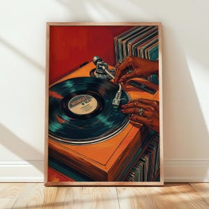 May include: A framed art print of a vintage record player with a vinyl record labeled "Midnight Beat." The artwork features hands with red nail polish adjusting the tone arm. The color palette includes orange, teal, and brown.