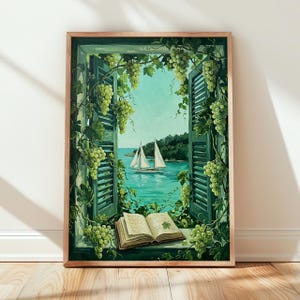 May include: A framed painting depicts a serene coastal scene. A window with green shutters frames a view of a sailboat on turquoise water. Green grape vines and bunches of grapes adorn the window. An open book rests on the windowsill.