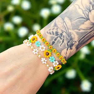Handmade Sunflower Daisy Beaded Bracelet Stack: Boho Cottagecore Jewelry Set