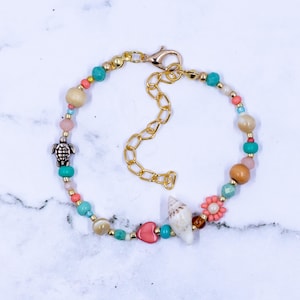 Coastal Beaded Bracelet: Shell, Pearl & Turtle Charms - Boho Beach Jewelry