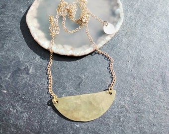 Half Circle Moon Brass Necklace Boho, Brass chain, Hammered Brass, Handmade in Devon, Gold