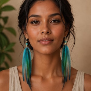 May include: A pair of long dangle earrings featuring vibrant teal and green feathers. Each earring is suspended from a gold-toned hook and accented with a small, round, turquoise-coloured bead at the top, creating a layered, multi-coloured effect.