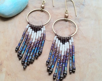 Hooped Fringe Earrings, Purple,  Red, Beaded, Long, Dangle, Boho, Bohemian Jewellery, Geometric, Handmade, Native American, Tribal