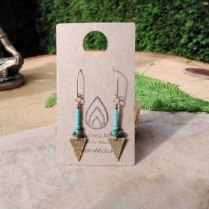 Goddess Earrings, Handmade, Brass, Tribal, Geometric, Hammered, Boho, Triangle, African Turquoise,  Glass Beads