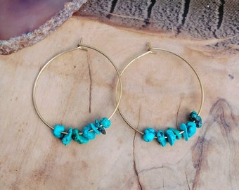 Turquoise Hoop Earrings, Circle, Handmade, Brass, Tribal, Geometric, Hammered, Boho, Blue, Green