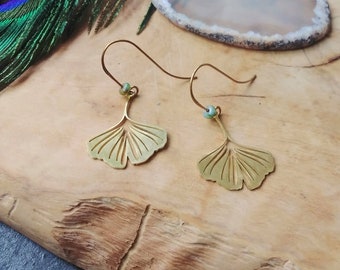 Brass Gingko Leaf Earrings with Green Glass Beads, Handmade, Brass, Tribal, Geometric, Hammered, Boho, Botanical