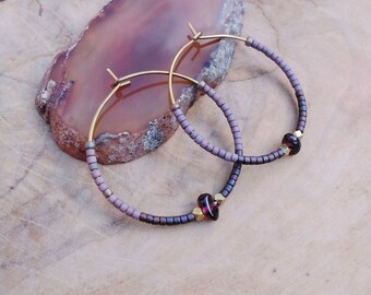 Garnet Hoop Earrings, Circle, Handmade, Brass, Tribal, Geometric,  Boho, Purple, Red, Glass Beads,