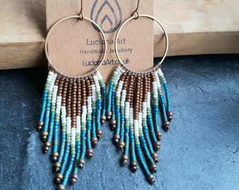 Hooped Fringe Earrings, Green, Turquoise, Beaded, Long, Dangle, Boho, Bohemian Jewellery, Geometric, Handmade, Native American, Tribal