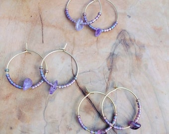 Mini Amethyst Hoop Earrings, Circle, Handmade, Brass, Tribal, Geometric, Hammered, Boho, Purple