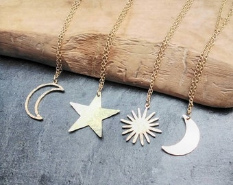 Celestial Brass Necklaces, Star, Moon, Sun Necklace, Handmade, Various lengths, Brass chain