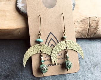 Handmade Brass Crescent Moon Earrings, Turquoise Beads, Boho Tribal