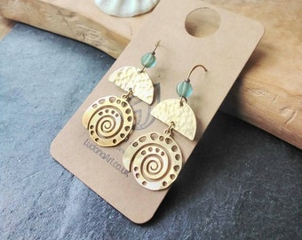 Brass Fossil Shell Earrings with Glass Beads, Half Circle Moon, Semi Circle Handmade, Brass, Tribal, Geometric, Hammered, Boho.