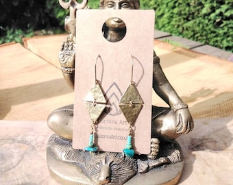 Goddess Triangle Earrings, Apatite and Glass Beads,Handmade, Tribal, Geometric, Brass, Hammered, Boho, Simple, Minimal
