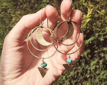 Goddess Crescent Moon, Hoop, Turquoise, Stamped, Earrings, Circle, Handmade, Brass, Tribal, Geometric, Hammered, Boho, Triangle