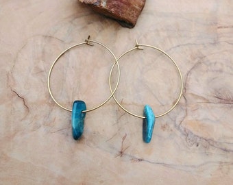 Brass Hoop Earrings with Apatite, Circle, Handmade,  Boho, Minimal, Blue, Green, Turquoise, plastic free packaging