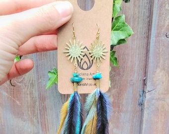 Handmade Brass Sun Feather Earrings, Boho, Emu, Brass, Natural, Tribal, Festival, Turquoise, Apatite