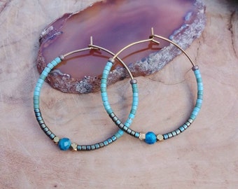 Faceted Apatite Hoop Earrings, Circle, Handmade, Brass, Tribal, Geometric, Hammered, Boho, Blue, Green, Glass Beads,  Turquoise