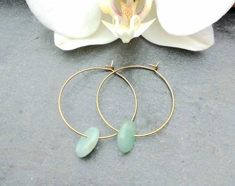 Brass Hoop Earrings with Amazonite, Circle, Handmade,  Boho, Minimal, plastic free packaging