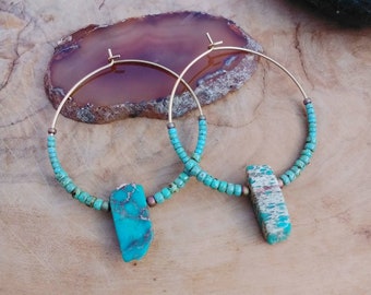 Jasper Hoop Earrings, Circle, Handmade, Brass, Tribal, Geometric, Hammered, Boho, Blue, Green, Glass Beads,  Turquoise