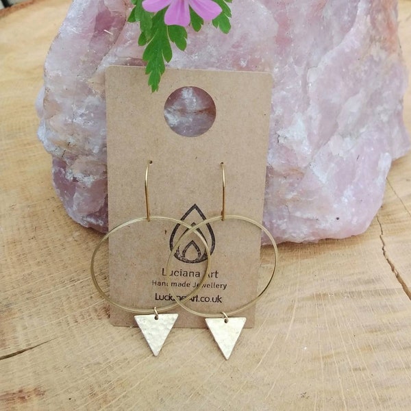 Goddess  Hoop Earrings, Circle, Handmade, Brass, Tribal, Geometric, Hammered, Boho, Triangle.