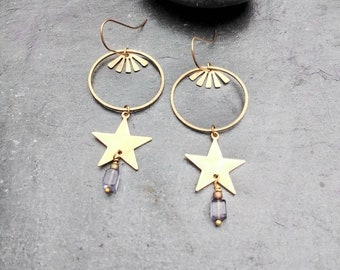 Raw Brass Star Earrings with Iolite beads, Handmade, Tribal, Geometric, Hammered, Boho,Minimal