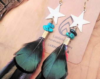 Handmade Brass Star Feather Earrings, Boho, Emu, Brass, Natural, Tribal, Festival, Turquoise, Apatite