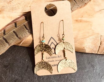 Handmade Brass Crescent Moon Earrings, Turquoise Beads, Boho Tribal Jewellery