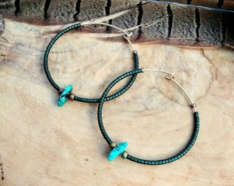 Genuine Turquoise Hoop Earrings, Circle, Handmade, Brass, Tribal, Geometric, Hammered, Boho, Blue, Green, Glass Beads,  Turquoise