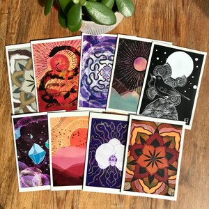 4 x kunstkaarten, boho, hemels, abstract, illustratie, botanisch, afdrukken, gerecycled, handgemaakt, originele kunstwerken
