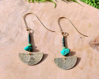 Egyptian Goddess Earrings, Half Circle Moon Handmade, Brass, Turquoise and Metallic Glass Beads, Tribal, Geometric, Hammered, Boho,  Minimal