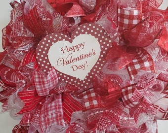 Red & White Valentine's Day Mesh Wreath, Front Door Decor