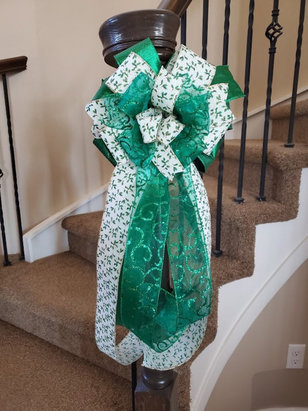 Christmas Tree Topper Bow Green Holiday Wreath Bow Holly Etsy