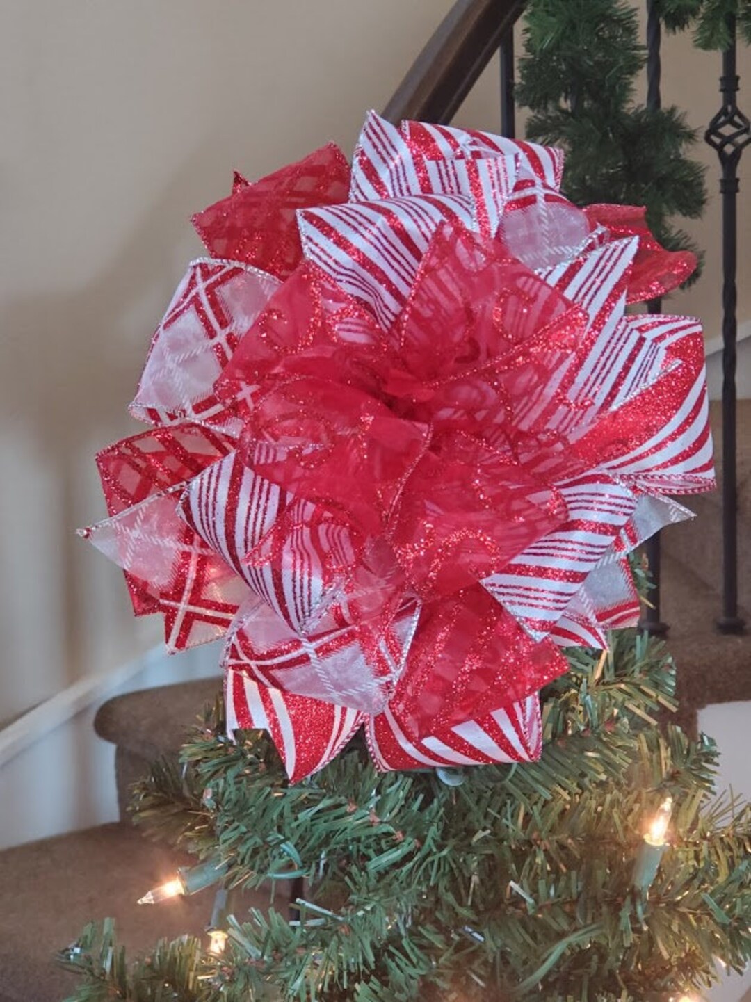 Candy cane stripes and red swirls Christmas bow, tree topper bow ...