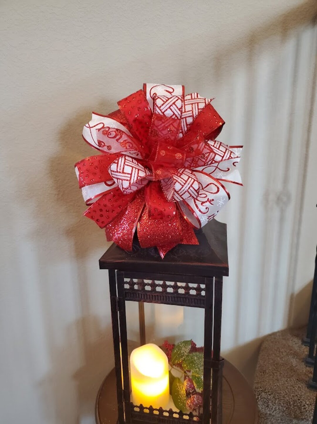 Christmas Tree Topper Bow, Front Door Wreath Bow, Lantern Bow, Red and White Bow, Floral Accent