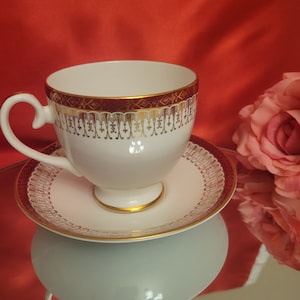 Royal Grafton cup and saucer, Vintage bone china, red and gold hand painted cup and saucer, Majestic pattern, made in England, replacement