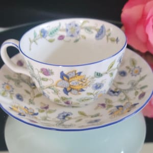 Vintage Minton Haddon Hall Blue Bicentennial Teacup & Saucer Set – Fine Bone China – Made in England – 1793 Commemorative Edition