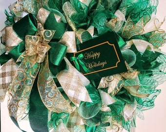 Green and Gold Christmas wreath, front door wreath, holiday wreath, Christmas gift wreath, green and mint green with gold mesh Chirstmas dec