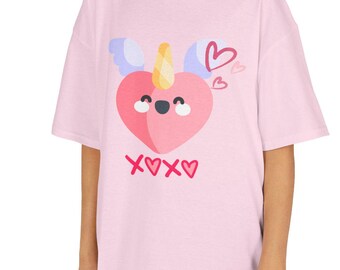 女の子用ユニコーンシャツ、レインボーユニコーンキッズTシャツ、ユニコーンハートTシャツ、かわいいユニコーンバースデーシャツ、バレンタインデーシャツ
