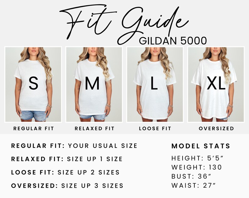 May include: A size chart for Gildan 5000 t-shirts showing four models wearing different sizes: S, M, L, and XL. The chart includes fit descriptions: Regular Fit, Relaxed Fit, Loose Fit, and Oversized. It also provides sizing recommendations for each fit, such as "Size up 1 size" for Relaxed Fit. Model stats are listed: Height: 5'5", Weight: 130 lbs, Bust: 36", Waist: 27".