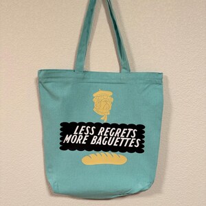 Less Regrets More Baguettes Tote Bag – Funny French Bread Pug Canvas Bag | Eco-Friendly Reusable Bag | Gift for Bread Lovers & Dog Fans