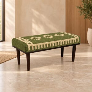 Handwoven Green Kilim Bench | Authentic Turkish Rug Seat, Boho Entryway Ottoman with Solid Wood Frame