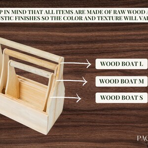 Puede incluir: Tres cajas de madera anidadas con asas. Las cajas est&aacute;n etiquetadas como "WOOD BOAT L", "WOOD BOAT M" y "WOOD BOAT S".