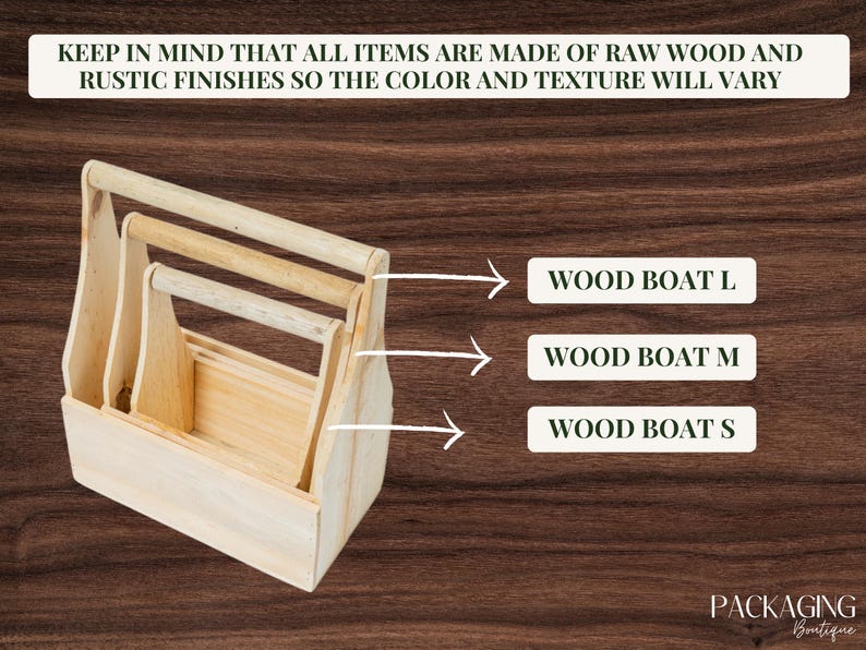 Puede incluir: Tres cajas de madera anidadas con asas. Las cajas est&aacute;n etiquetadas como "WOOD BOAT L", "WOOD BOAT M" y "WOOD BOAT S".