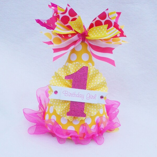 You Are My Sunshine Birthday Party Hat in Yellow and Hot Pink Polka Dot