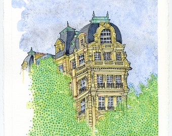 Paris Building Watercolor Painting, Original Signed Art (15x11.25)